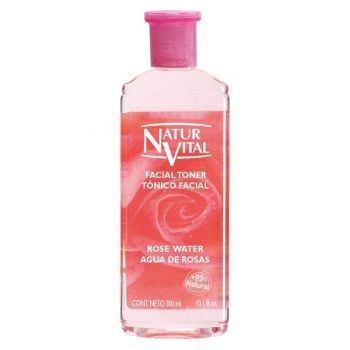 Solutie tonica fara alcool cu efect de iluminare cu apa de trandafiri, Natur Vital facial rose water toner, 300 ml