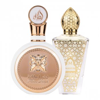 Pachet 2 parfumuri Best Seller, Lattafa Fakhar Woman 100 ml si Mahur Sahar Gold 100 ml