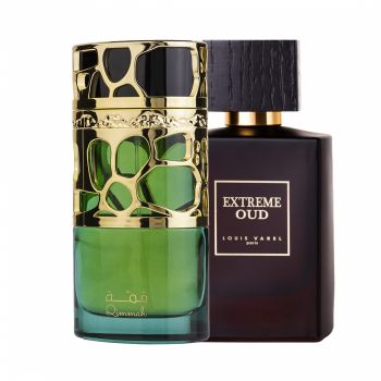 Pachet 2 parfumuri Best Seller, Qimmah Woman 100 ml pentru ea si Extreme Oud 100 ml pentru el