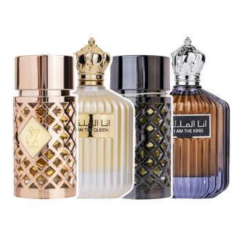 Pachet 4 parfumuri Best Seller, Jazzab Gold si I Am The Queen 100 ml pt ea, Jazzab Silver si I Am The King 100 ml pt el la reducere