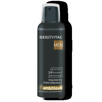 Deodorant Antiperspirant Ambitious  Protecție 24h, Fără Alcool, Aromă De Lemn De Cedru, Patchouli și Ambră, Gerovital Men, 150 Ml