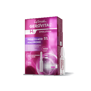 Fiole Cu Acid Hialuronic 5%  Hidratare Profundă, Riduri Estompate și Elasticitate Crescută, Gerovital H3 Evolution, 10 Fiole X 2 Ml