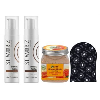 Pachet Ultra Advanced Pentru Autobronzare Profesionala St Moriz Cu Spuma Medium, Dark, Scrub cu Miere Si Manusa, 2 x 200 ml, 1 x 320 ml