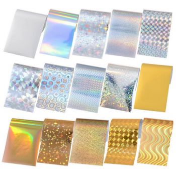 SET 15 FOLII TRANSGER HOLOGRAPHIC SILVER/GOLD 4 X 10CM. - FT-S15 - Everin.ro ieftina