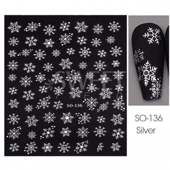 Sticker decor unghii model iarna/Craciun fulgi argintii si albi - SO-136-A