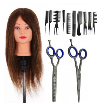Set Frizerie Star Hair, Cap Manechin Par Natural 100%, 50-55 cm, Set Foarfece Tuns si Filat Dubla, Set 10 Piepteni ieftin