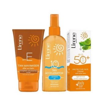 Set Cadou Accelerare bronz Lirene Sun ( Emulsie cu aloe 50ml, Accelerator de bronzare SPF10 150ml, Balsam reconstructie bronz 150ml ) la reducere