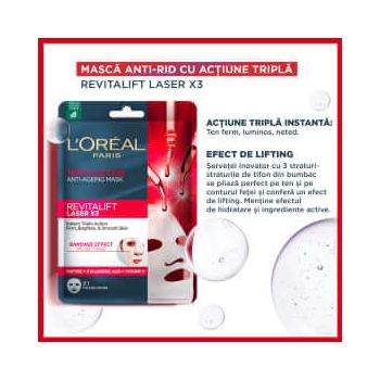 Loreal Mască servețel cu acțiune tripla antirid, 28g, 1 buc