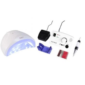 Kit unghii false, Lampa LED, Model SUN ONE, 48 W si Freza electrica profesionala, 30.000 rpm