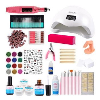 Kit unghii false, lampa LED SUN 5 48w, freza pila electrica unghii 15.000 rpm, si 440 accesorii nail art pentru manichiura si pedichiura