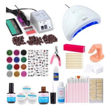 Kit unghii false, Lampa unghii Sun One 48w, freza pila electrica unghii 20.000 rpm, si 440 accesorii nail art pentru manichiura si pedichiura