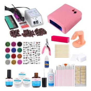 Kit unghii false, Lampa unghii UV 36 w, pila electrica unghii 20.000 rpm, si 440 accesorii nail art pentru manichiura si pedichiura