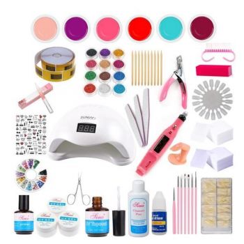 Kit unghii false, lampa unghii Uv Led Sun 5 48W, freza electrica si accesorii nail art