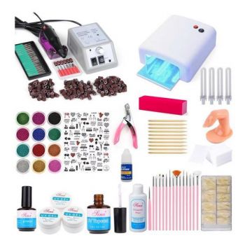 Kit unghii false, Lampa UV 36 w, pila electrica unghii 20.000 rpm, si 440 accesorii nail art pentru manichiura si pedichiura