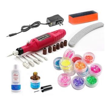 Kit Unghii, Freza electrica pentru unghii, Buffer, Degresant, Top coat, 12 Sclipici, Pila unghii