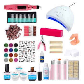 Kit unghii, lampa Led Sun One 48w, freza electrica unghii 20.000 rpm, si 440 accesorii nail art pentru manichiura si pedichiura