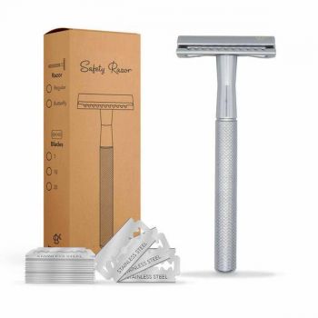 Aparat de ras clasic din otel inoxidabil Safety Razor Matte Silver si set de 20 lame de firma original