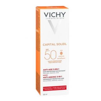 Crema antioxidanta anti-rid 3 in1 cu protectie solara SPF 50 pentru fata Capital Soleil, Vichy, 50 ml