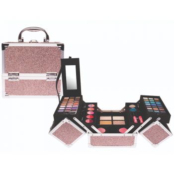 Set paleta machiaj tip geanta cosmetice Treffina, 18 x 18 x 16 cm, trusa produse cosmetice, glitter pink
