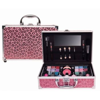 Set paleta machiaj tip geanta cosmetice Treffina 25 x 19 x 7,5 cm, trusa machiaj, leopard print