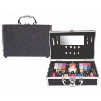 Set paleta machiaj tip geanta cosmetice Treffina 25 x 19 x 7,5 cm, trusa produse cosmetice, glitter black