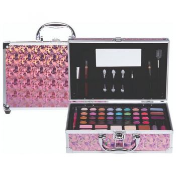 Set paleta machiaj tip geanta cosmetice Treffina Pink Holographic, 25 x 19 x 7,5 cm, trusa machiaj, roz