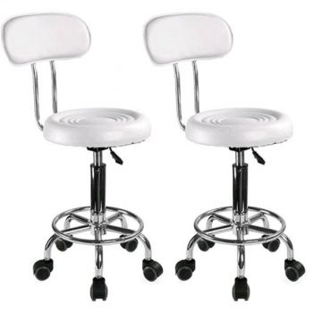 Set 2 bucati - Scaun hidraulic cu spatar si roti, Alb, Taburet rotativ, Pentru salon, Cosmetica, Manichiura, Pedichiura, Frizerie, Coafor, Piele ecologica, Cu suport  pentru picioare