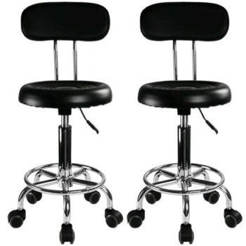 Set 2 bucati - Scaun hidraulic cu spatar si roti, Negru, Taburet rotativ, Pentru salon, Cosmetica, Manichiura, Pedichiura, Frizerie, Coafor, Piele ecologica, Cu suport pentru picioare