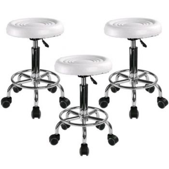 Set 3 bucati - Scaun hidraulic cu roti, Alb, Taburet rotativ, Pentru salon, Cosmetica, Manichiura, Pedichiura, Frizerie, Coafor, Piele ecologica, Cu suport  pentru picioare
