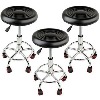 Set 3 bucati - Scaun hidraulic cu roti, Negru, Taburet rotativ, Pentru salon, Cosmetica, Manichiura, Pedichiura, Frizerie, Coafor, Piele ecologica, Cu suport  pentru picioare