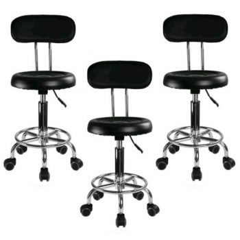 Set 3 bucati - Scaun hidraulic cu spatar si roti, Negru, Taburet rotativ, pentru salon, Cosmetica, Manichiura, Pedichiura, Frizerie, Coafor, Piele ecologica, cu suport pentru picioare