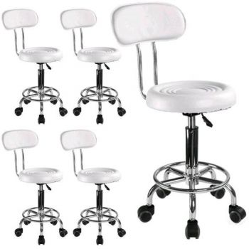 Set 5 bucati - Scaun hidraulic cu spatar si roti, Alb, Taburet rotativ, pentru salon, Cosmetica, Manichiura, Pedichiura, Frizerie, Coafor, Piele ecologica, Cu suport  pentru picioare ieftin