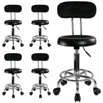 Set 5 bucati - Scaun hidraulic cu spatar si roti, Negru, Taburet rotativ, Pentru salon, Cosmetica, Manichiura, Pedichiura, Frizerie, Coafor, Piele ecologica, Cu suport pentru picioare de firma original