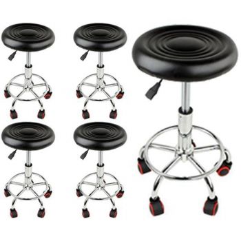 Set 5 bucati - Scaun hidraulic si roti, Negru, Taburet rotativ, Pentru salon, Cosmetica, Manichiura, Pedichiura, Frizerie, Coafor, Piele ecologica, Cu suport  pentru picioare