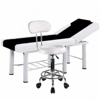 Set salon - Scaun hidraulic cu spatar, Taburet rotativ, Alb + Masa cosmetica, Pat masaj profesional, 186x70x65cm, Piele Ecologica, Alb-Negru