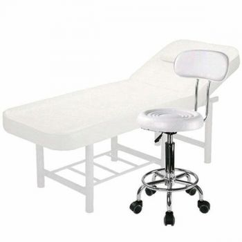 Set salon - Scaun hidraulic cu spatar, Taburet rotativ, Alb + Masa cosmetica, Pat masaj profesional, 186x70x65cm, Piele Ecologica, Alb