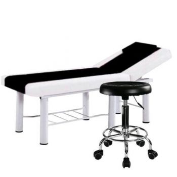 Set salon - Scaun hidraulic, Taburet rotativ, Negru + Masa cosmetica, Pat masaj profesional, 186x70x65cm, Piele Ecologica, Alb-Negru