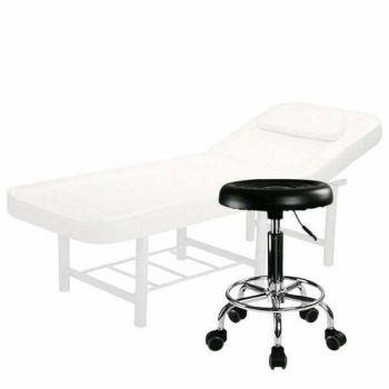 Set salon - Scaun hidraulic, Taburet rotativ, Negru + Masa cosmetica, Pat masaj profesional, 186x70x65cm, Piele Ecologica, Alb