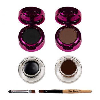 Kit Sprancene 2 in 1 Kiss Beauty Super Stay, 2 Eyelinere Crema-gel, 2 Pudre Sprancene + Pensule Aplicare