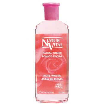 Solutie tonica fara alcool cu efect de iluminare cu apă de trandafiri, Natur Vital facial rose water toner, 300 ml