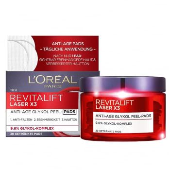 Dischete de fata L Oreal Paris Revitalift Laser X 3 Anti-Aging Glycolic Peel, 30 bucati la reducere