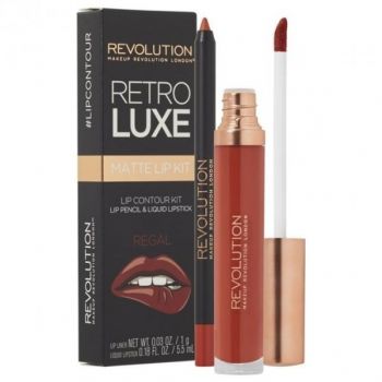 Set Makeup Revolution: Retro Luxe, Creion de buze, Regal, 1 g + Retro Luxe, Mat, Ruj lichid, Regal, 5,5 ml