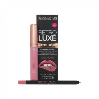 Set Makeup Revolution: Ruj lichid Retro Luxe, Mat, Grandee, 5,5 ml + Creion de buze Retro Luxe, Grandee, 1 g
