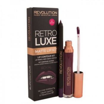 Set Makeup Revolution: Ruj lichid Retro Luxe, Mat, Royal, 5,5 ml + Creion de buze Retro Luxe, Royal, 1 g