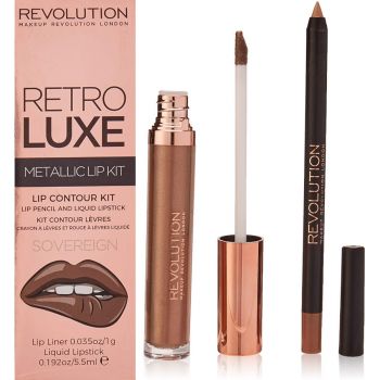 Set Makeup Revolution: Ruj lichid Retro Luxe, Metallic, Sovereign, 5,5 ml + Creion de buze Retro Luxe, Sovereign, 1 g