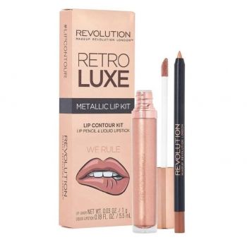 Set Makeup Revolution: Ruj lichid Retro Luxe, Metallic, We Rule, 5,5 ml + Creion de buze Retro Luxe, We Rule, 1 g