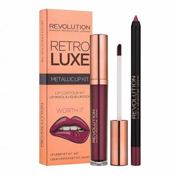 Set Makeup Revolution: Ruj lichid Retro Luxe, Metallic, Worth It, 5,5 ml + Creion de buze, Retro Luxe, Worth It, 1 g