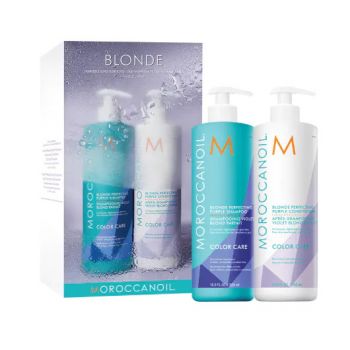 Pachet Moroccanoil Duo Blonde Perfecting Purple Sampon, 500 ml + Balsam 500 ml