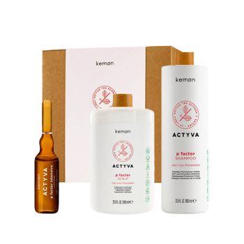Set anti-caderea parului Kemon Actyva P Factor, Sampon 1000 ml + Tratament 1000 ml + Lotiune 12 x 6 ml