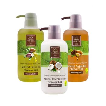 Set Cadou Eyup Sabri Tuncer Gel de dus Cocos 600 ml + Gel de dus Olive Oil 600 ml + Gel de dus Argan 600 ml de firma original